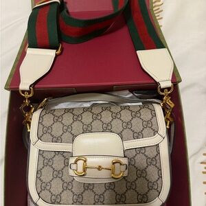Gucci Beige and Cream Crossbody Bag with Red and Green Strap